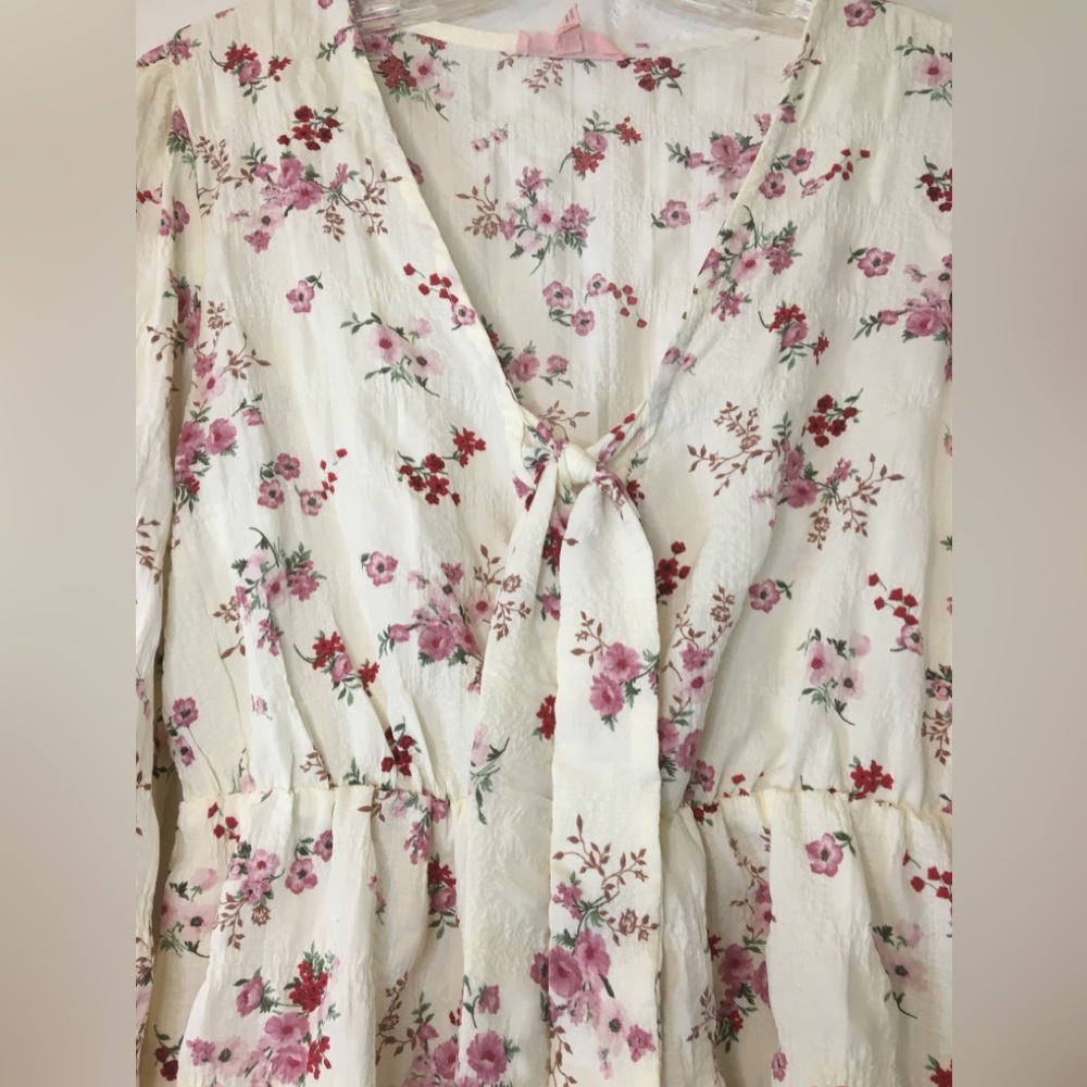Floral Tie-Front Blouse - Cream and Pink - Picture 5 of 16